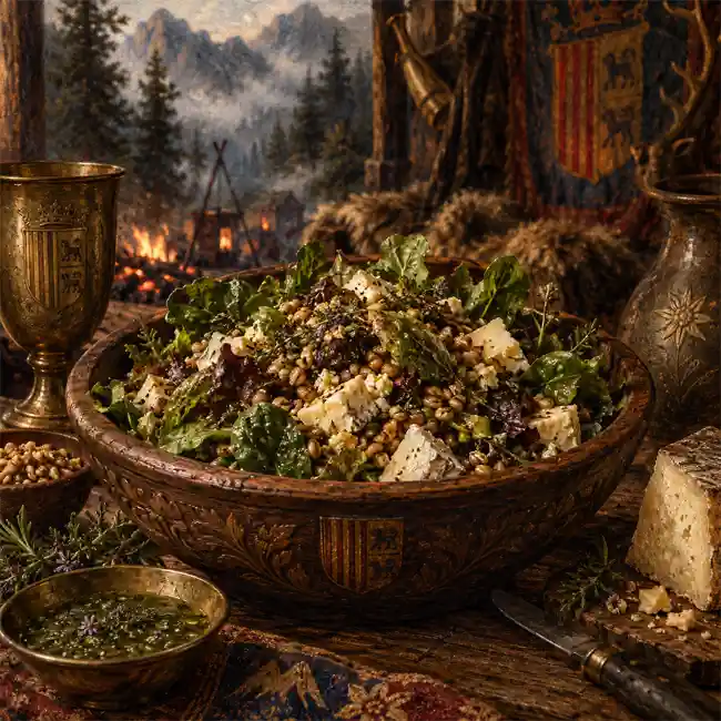 Pyrenean Garden Greens with Rustic Cheese, Toasted Grains & Mountain Herb Dressing – aristocratic garden greens salad recipe from Andorra