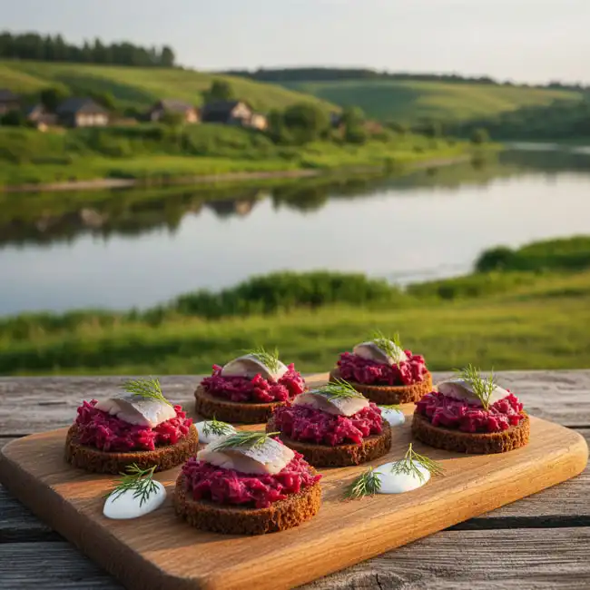 Rye Bread Canapés with Herring & Beetroot – Famous appetizer recipe from Belarus