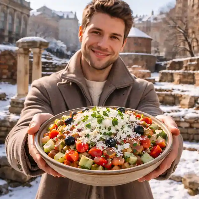 Fresh Shopska-Style Salad – Vegetarian main dish recipe from Bulgaria