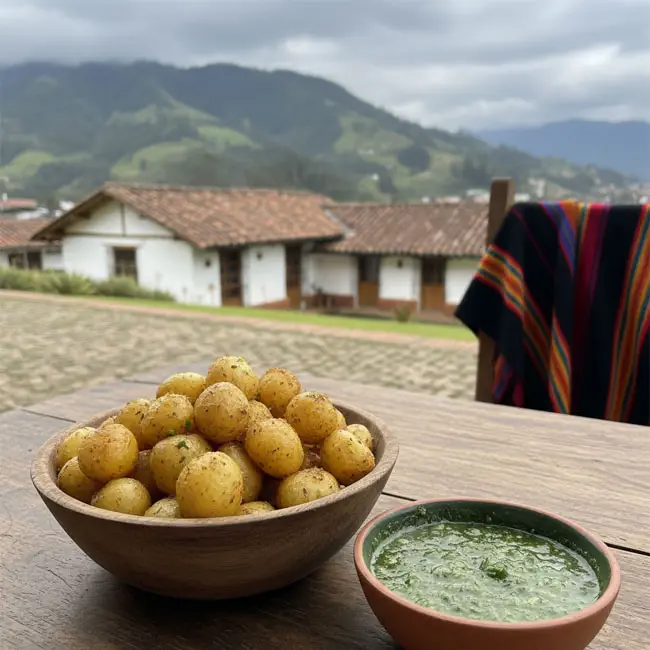 Colombian Papas Criollas with Fresh Herb Sauce – Vegetarian appetizer recipe from Colombia