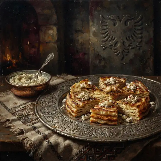 Majestic Aristocratic Albanian Flija Bites with Spiced Roasted Garlic & Aged Goat Cheese – royal starters appetizer recipe from Albania