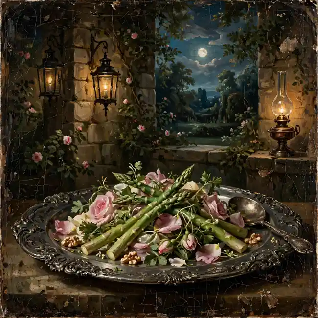 The Astor Court Emerald Asparagus and Heirloom Rose Salad – aristocratic garden greens salad recipe from USA