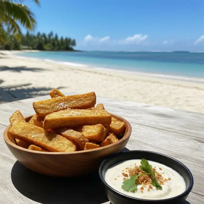 Golden Taro Fries with Smoked Coconut Dip – Specialty appetizer recipe from Vanuatu
